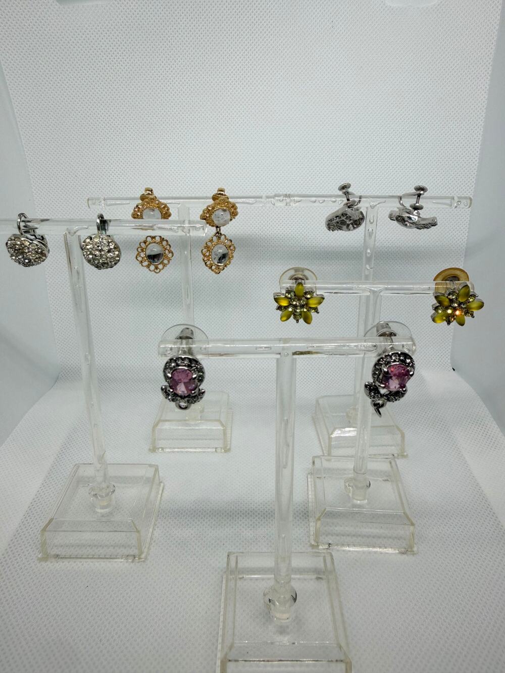 Lot of Vintage Earrings clear green & pink rhinestones silver tone metal 5 pairs